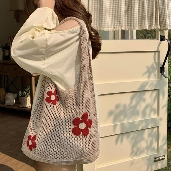 Women's Light Brown Crochet Bag Cute Mesh Summer Knitted Shoulder Beach Tote Bag - Picture 7 of 7